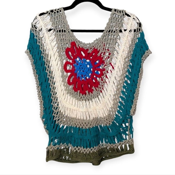 Boho Crochet Knit Top Multicolor Flower Design Festival Hippie Style Batwing - Picture 3 of 14